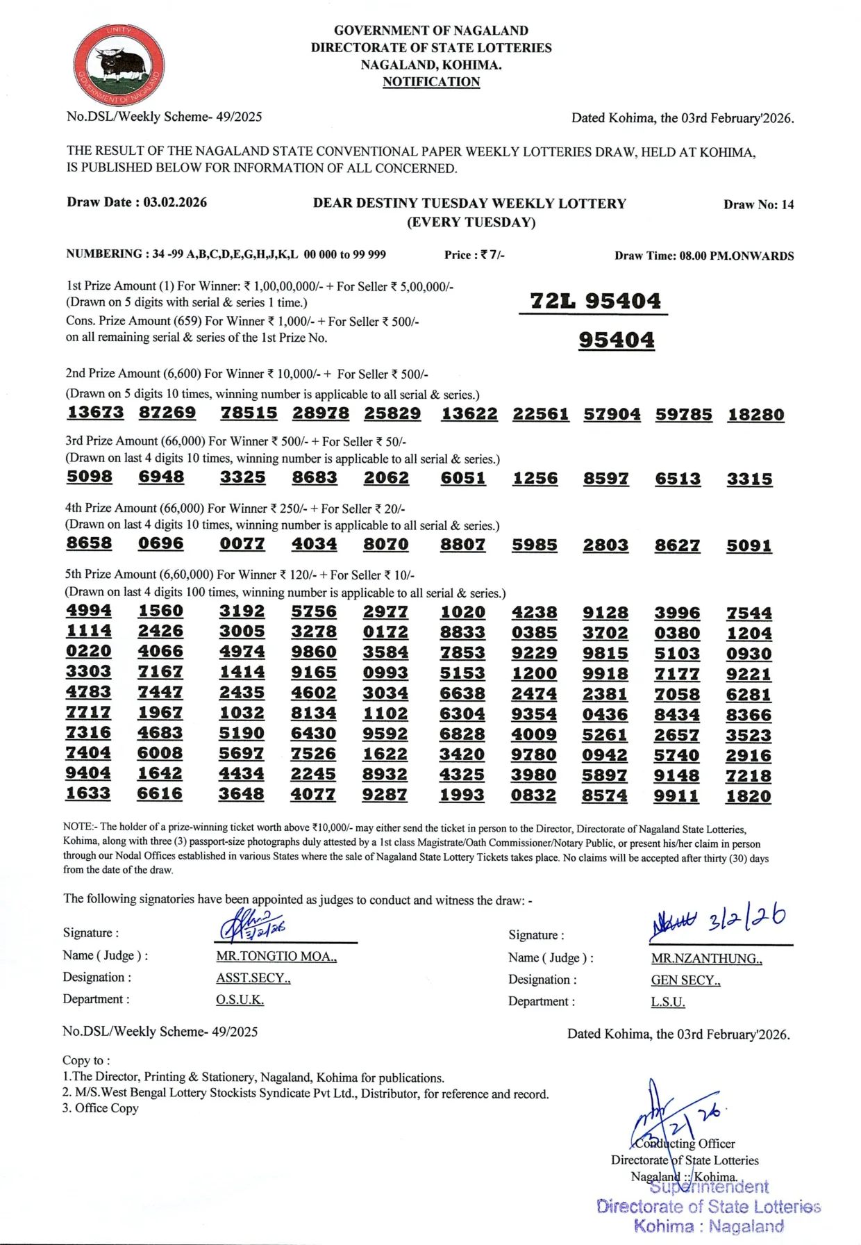 Dear Lottery result sheet 8:00 PM 03-02-2026