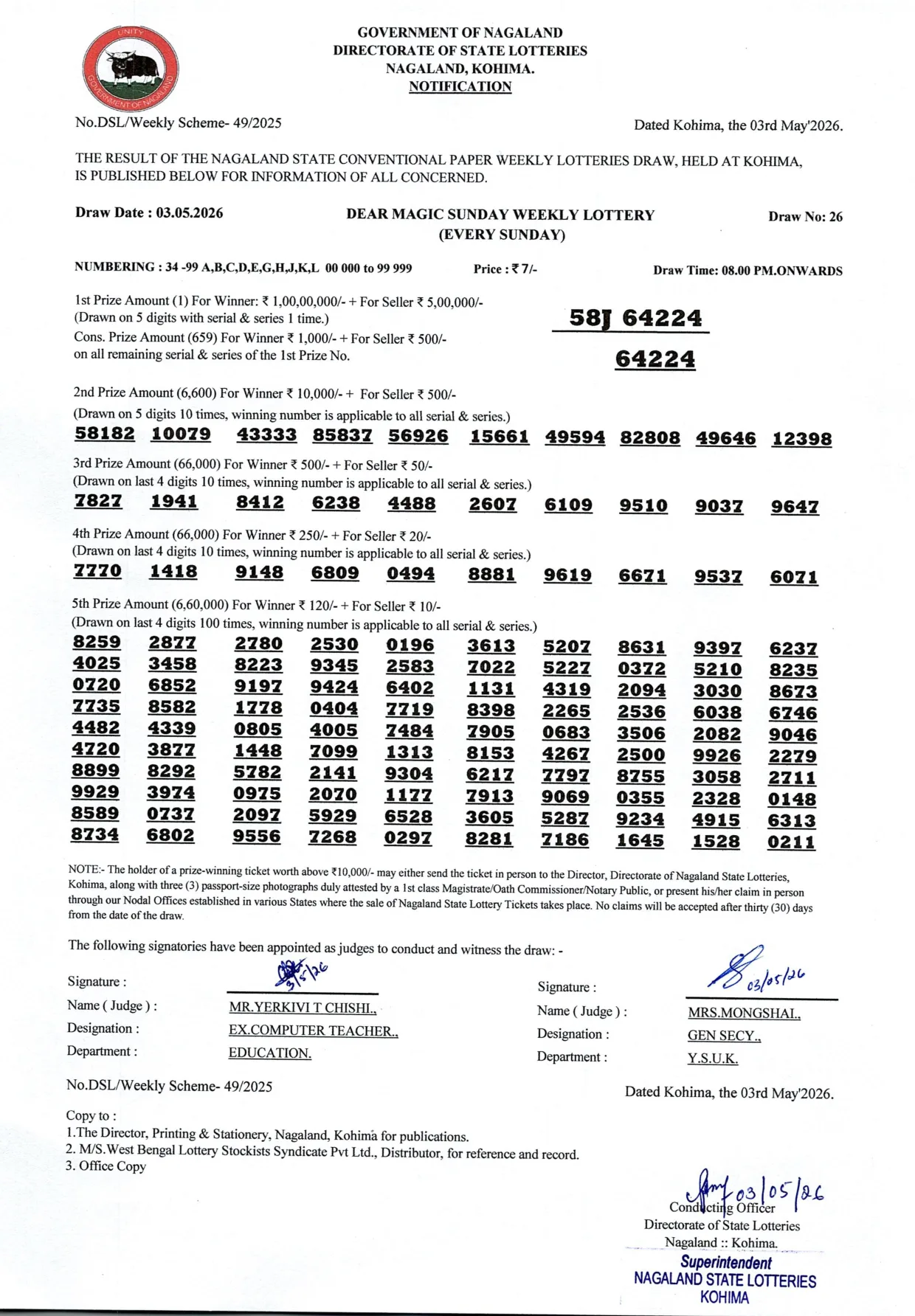 Dear Lottery result sheet 8:00 PM 03-05-2026