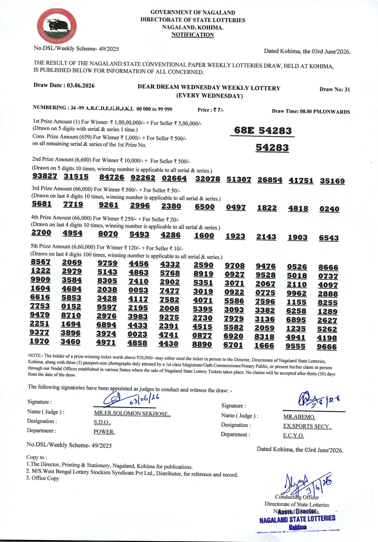 Dear Lottery result sheet 8:00 PM 03-06-2026