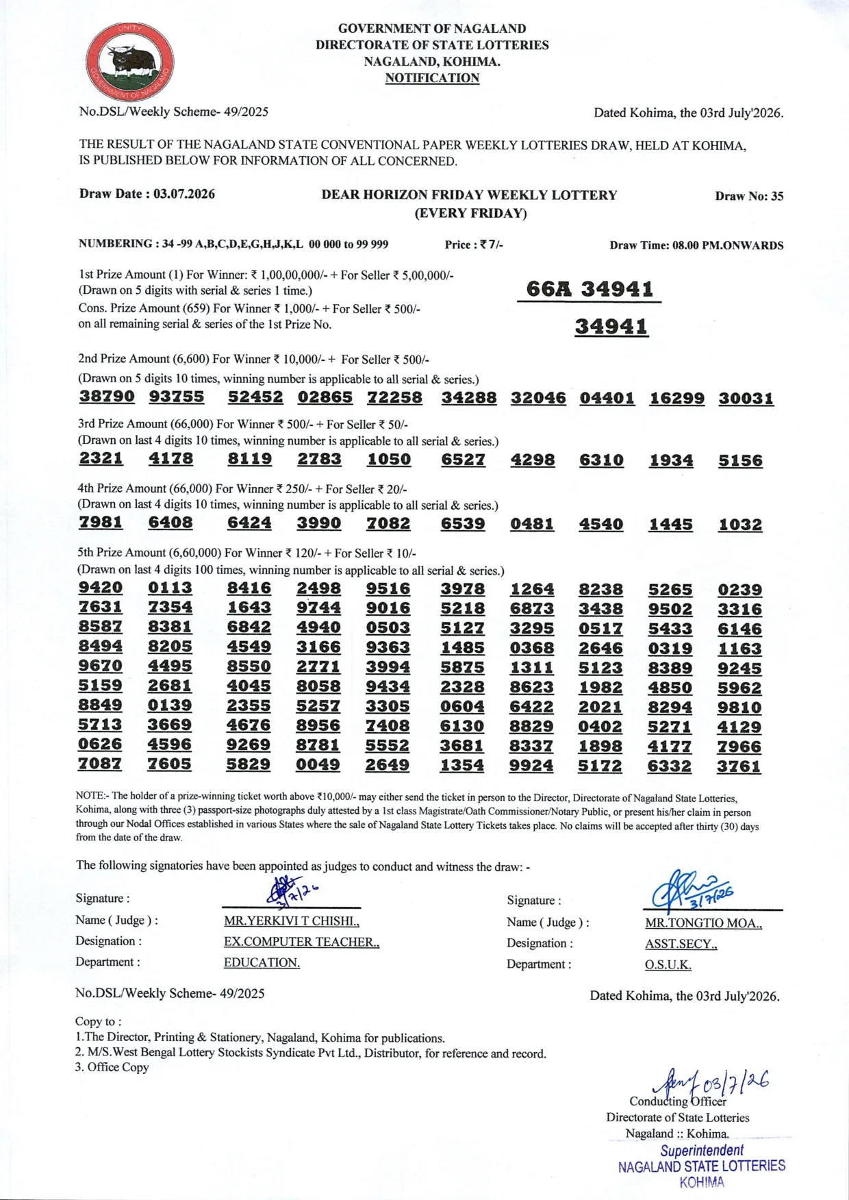Dear Lottery result sheet 8:00 PM 03-07-2026