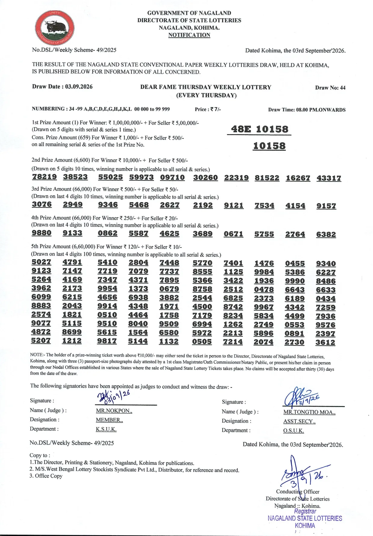 Dear Lottery result sheet 8:00 PM 03-09-2026