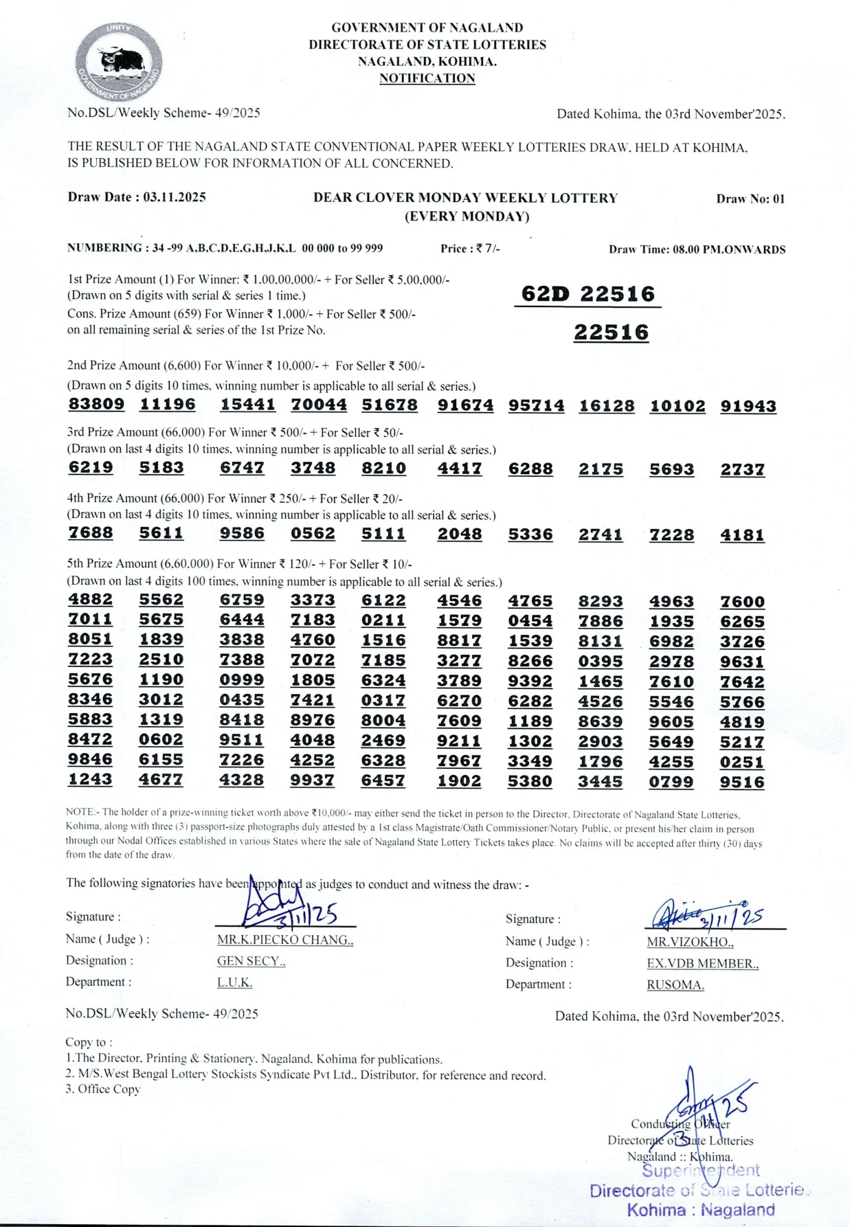 Dear Lottery result sheet 8:00 PM 03-11-2025