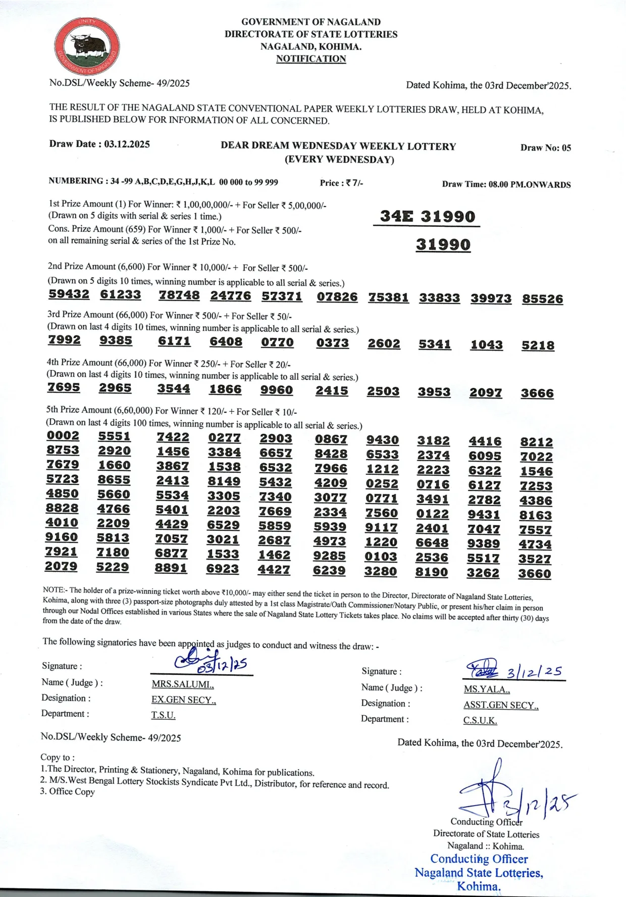 Dear Lottery result sheet 8:00 PM 03-12-2025