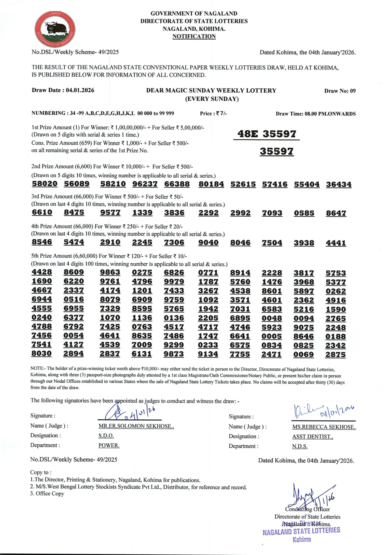 Dear Lottery result sheet 8:00 PM 04-01-2026