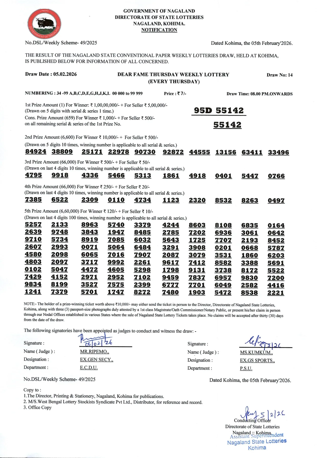 Dear Lottery result sheet 8:00 PM 05-02-2026