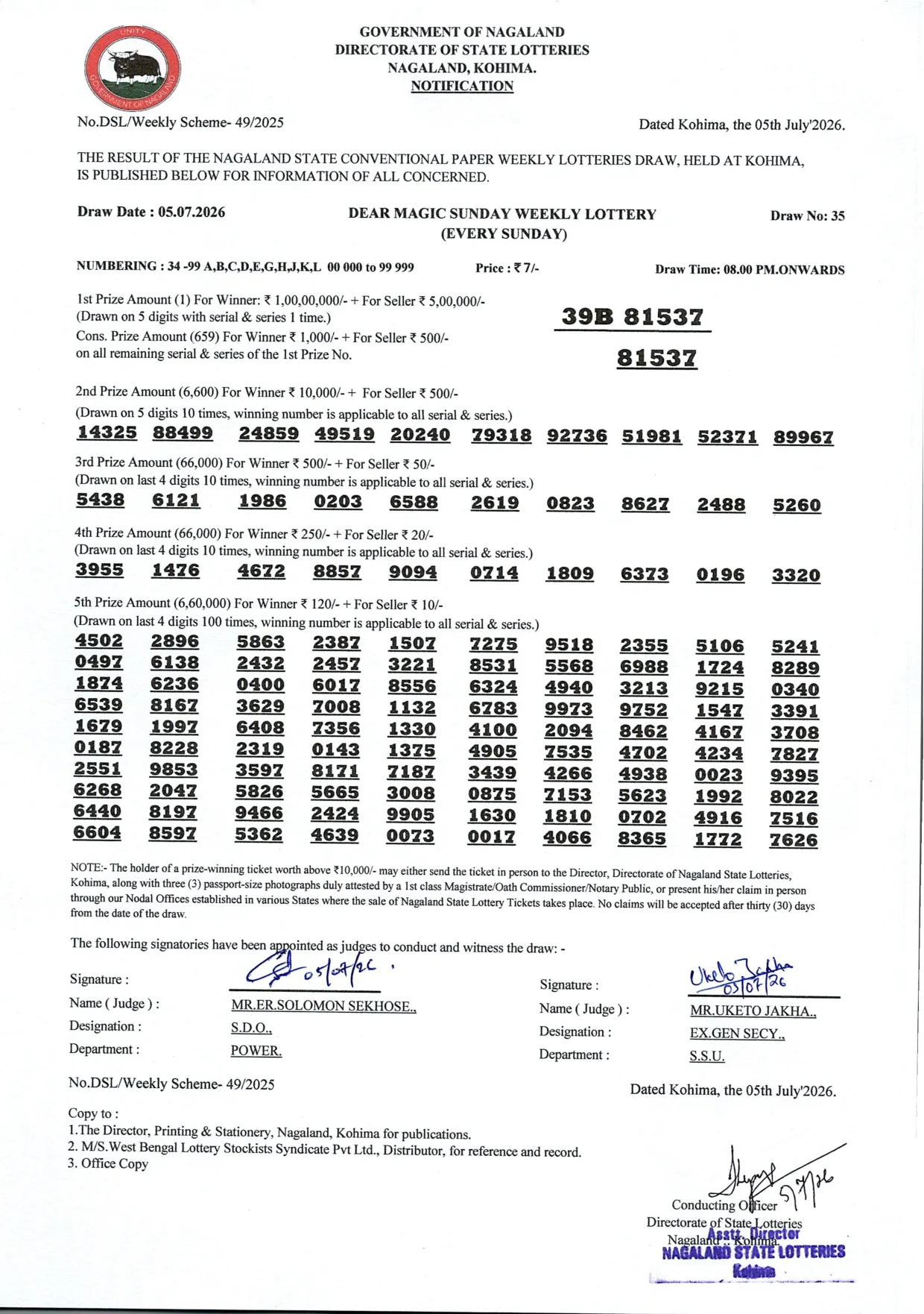 Dear Lottery result sheet 8:00 PM 05-07-2026