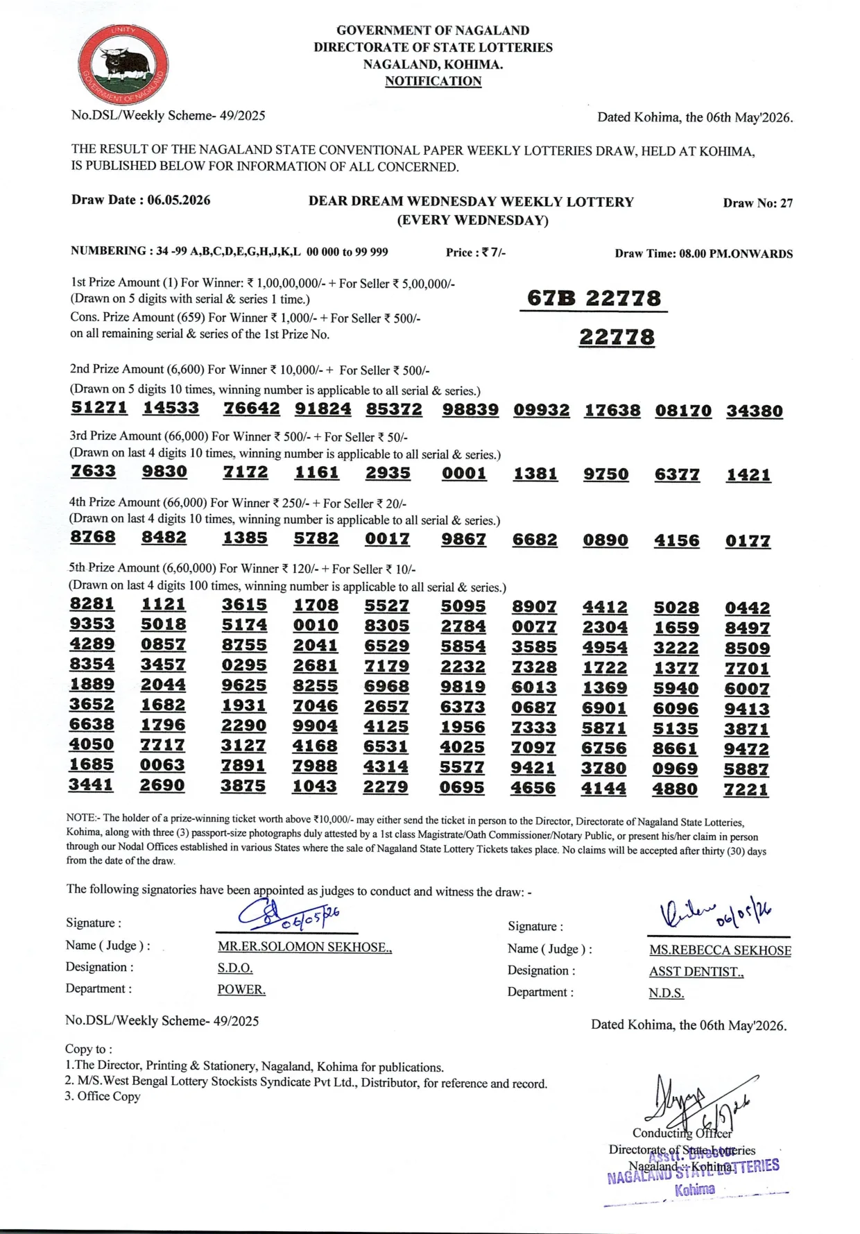 Dear Lottery result sheet 8:00 PM 06-05-2026