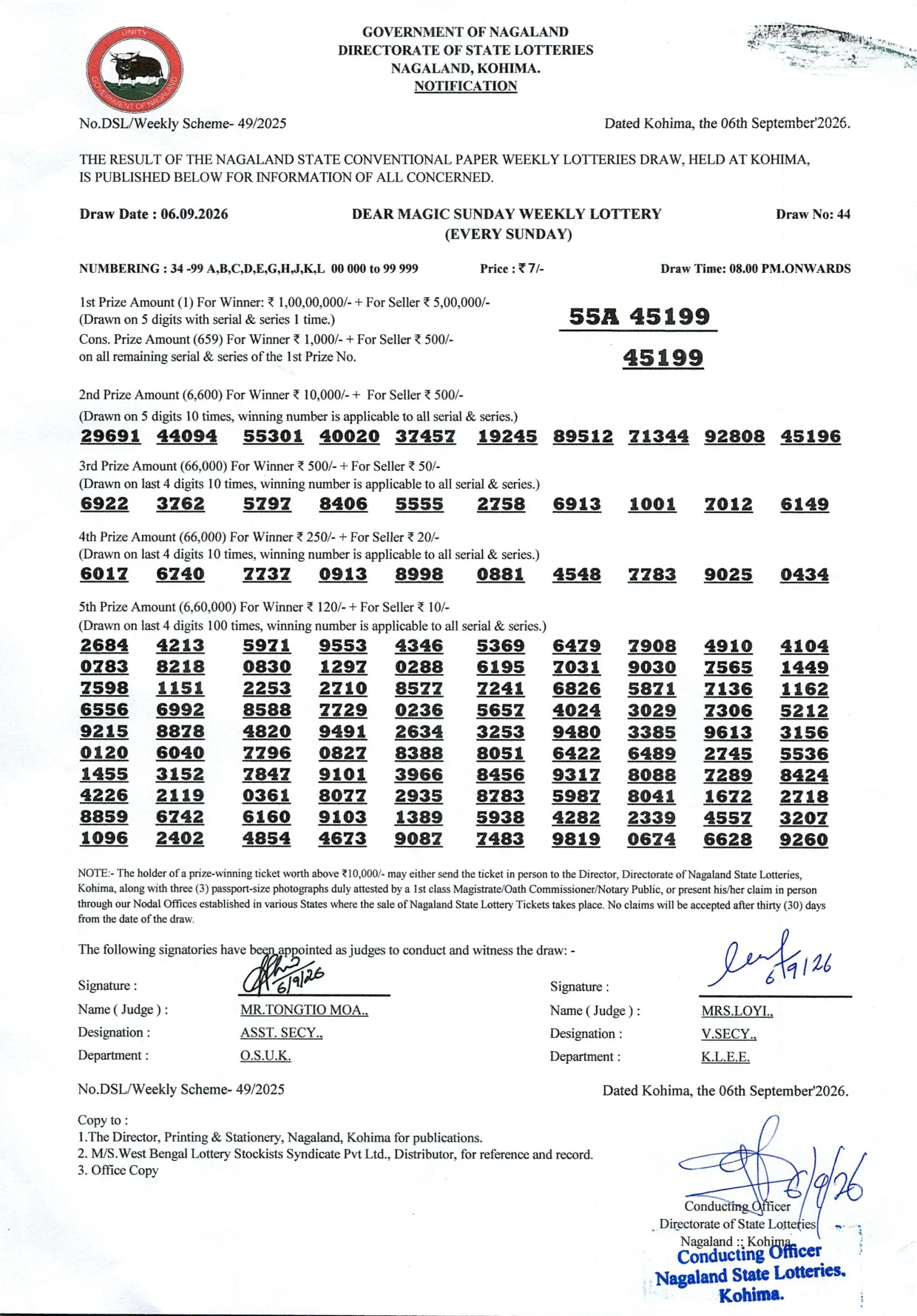 Dear Lottery result sheet 8:00 PM 06-09-2026