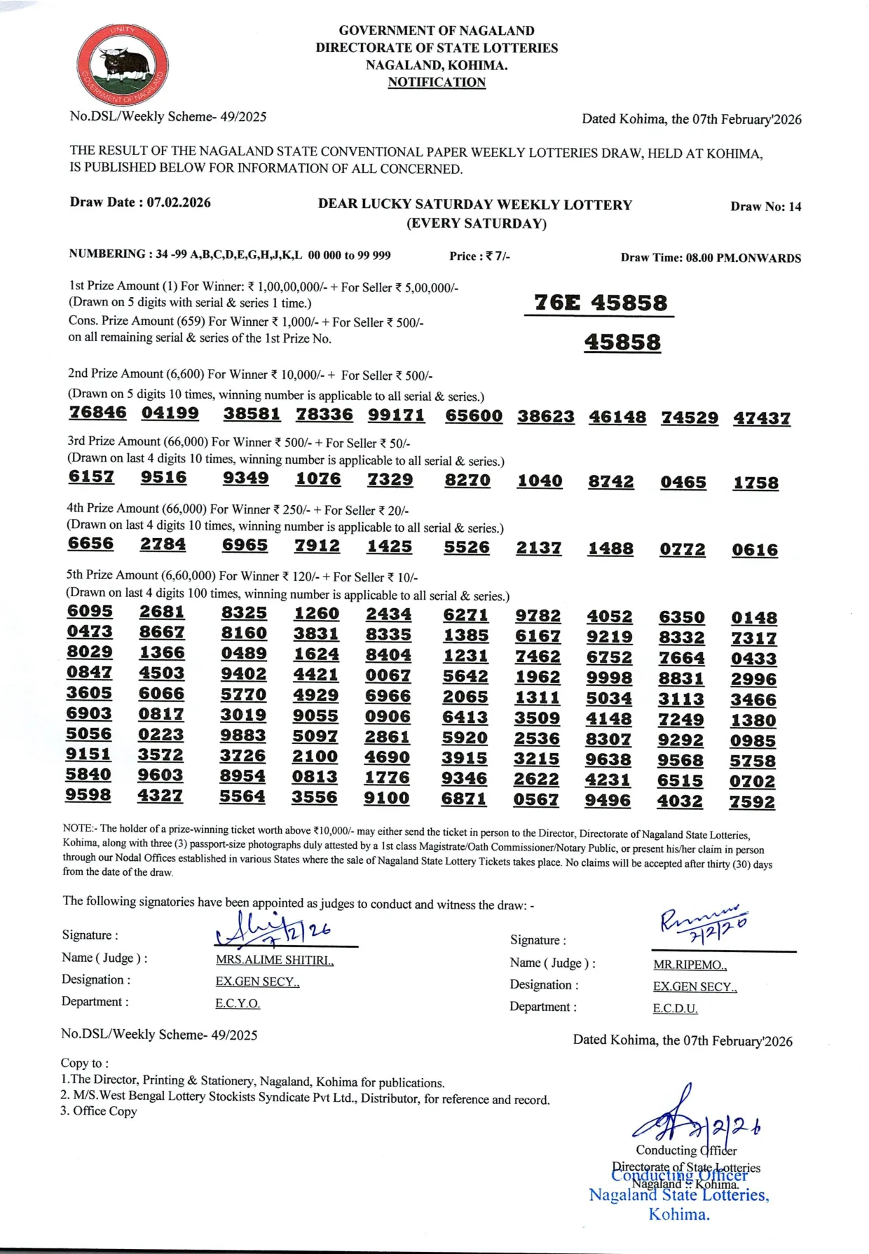 Dear Lottery result sheet 8:00 PM 07-02-2026