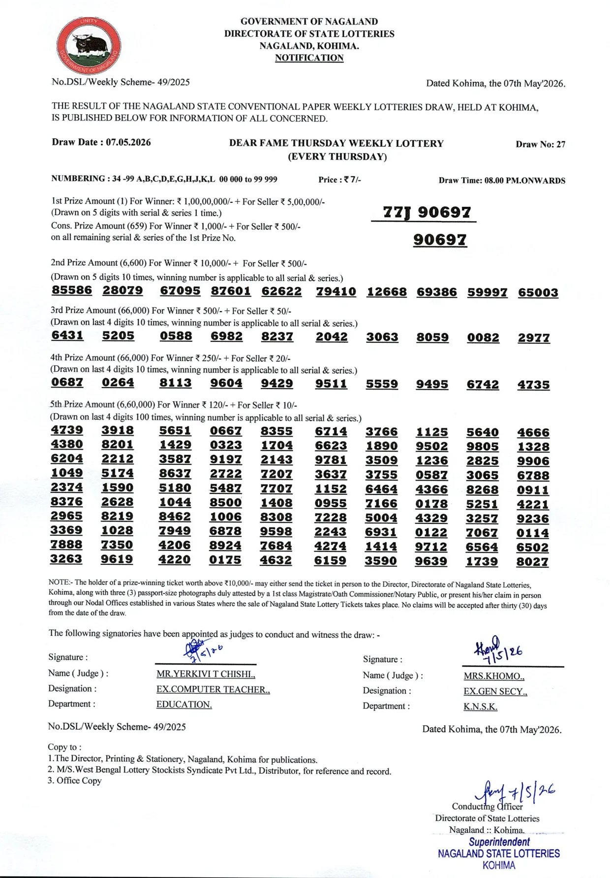 Dear Lottery result sheet 8:00 PM 07-05-2026