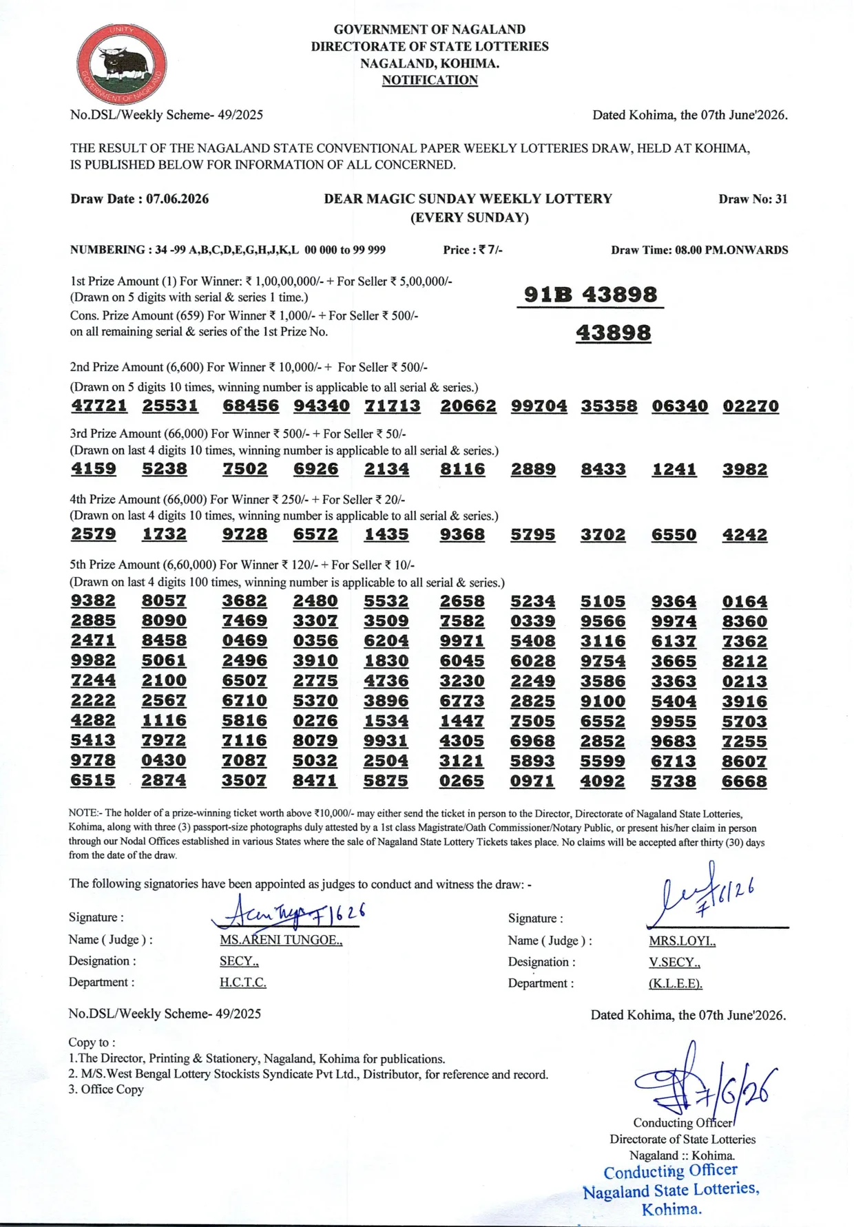 Dear Lottery result sheet 8:00 PM 07-06-2026