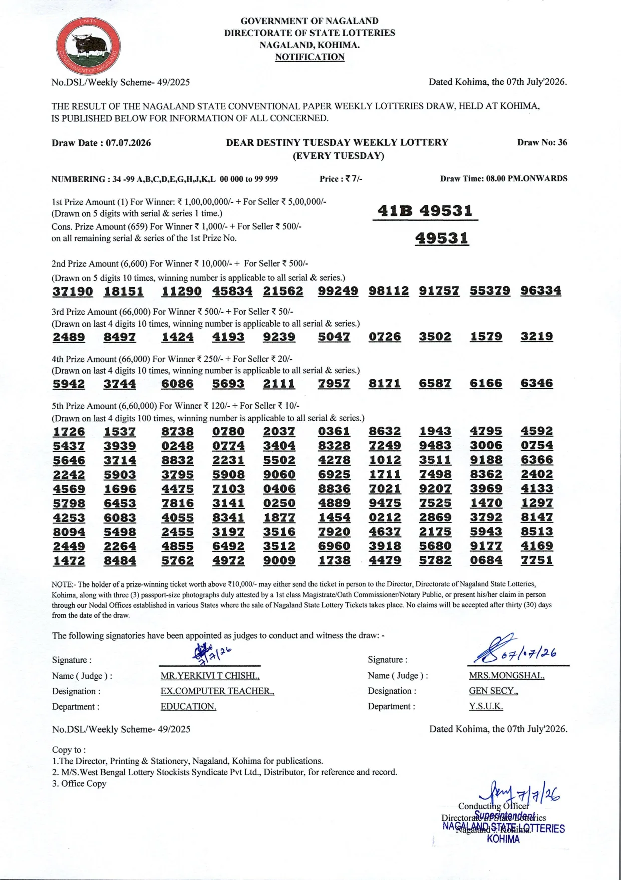 Dear Lottery result sheet 8:00 PM 07-07-2026