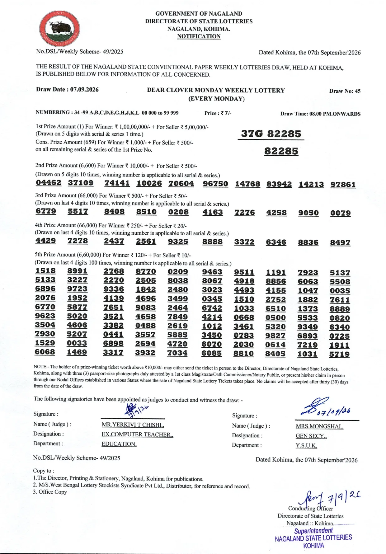 Dear Lottery result sheet 8:00 PM 07-09-2026