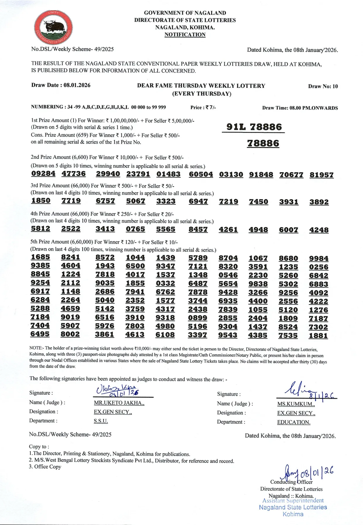 Dear Lottery result sheet 8:00 PM 08-01-2026