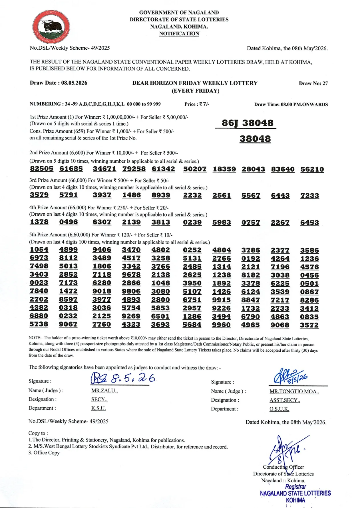 Dear Lottery result sheet 8:00 PM 08-05-2026