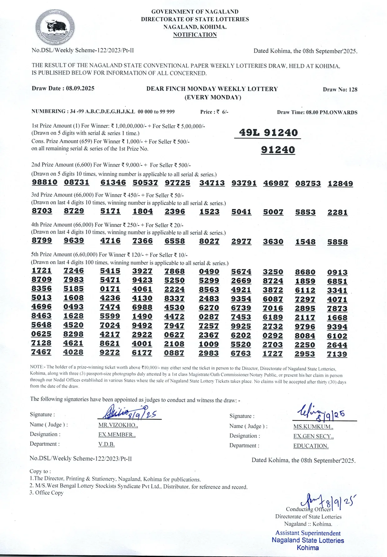 Dear Lottery result sheet 8:00 PM 08-09-2025