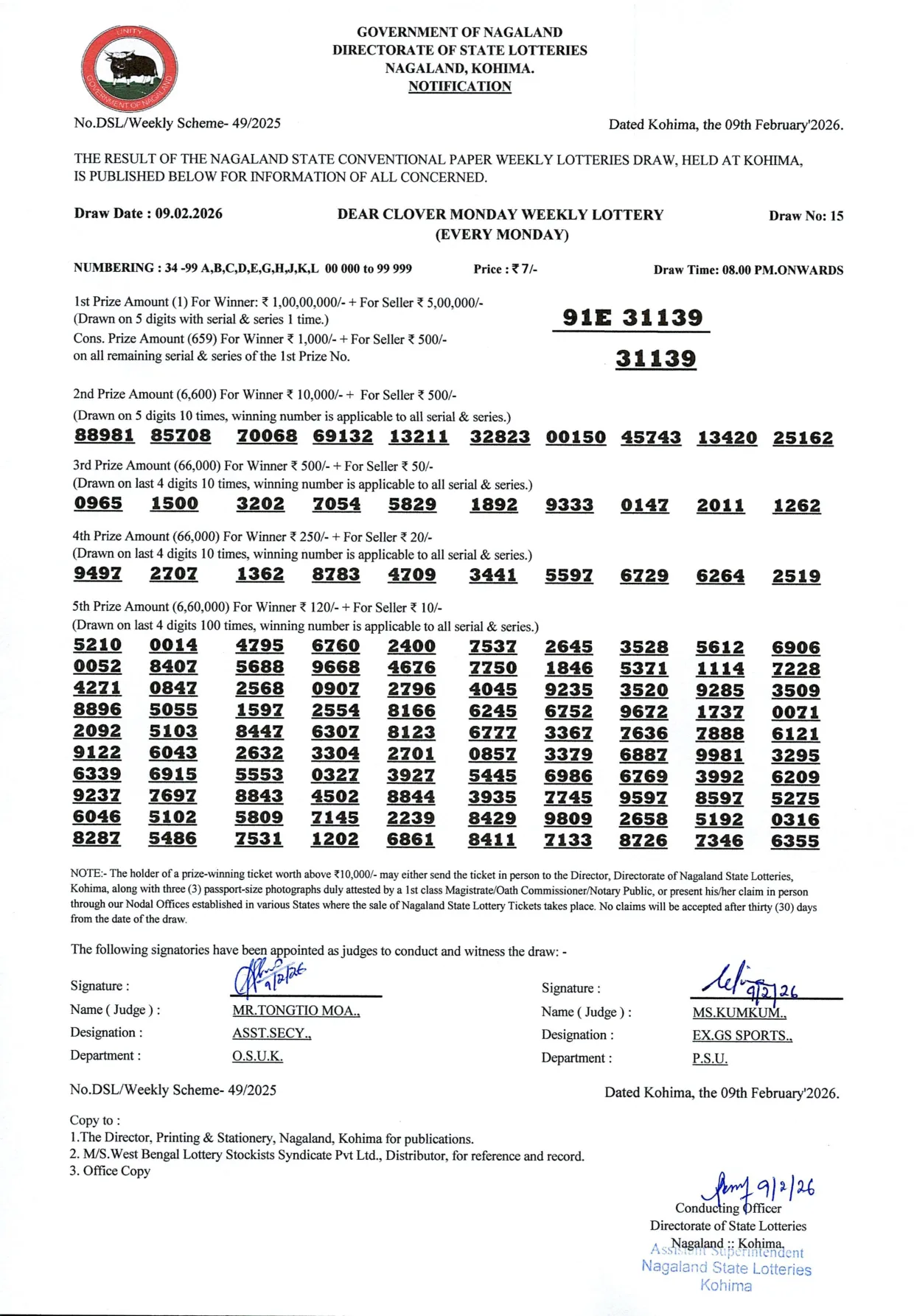Dear Lottery result sheet 8:00 PM 09-02-2026