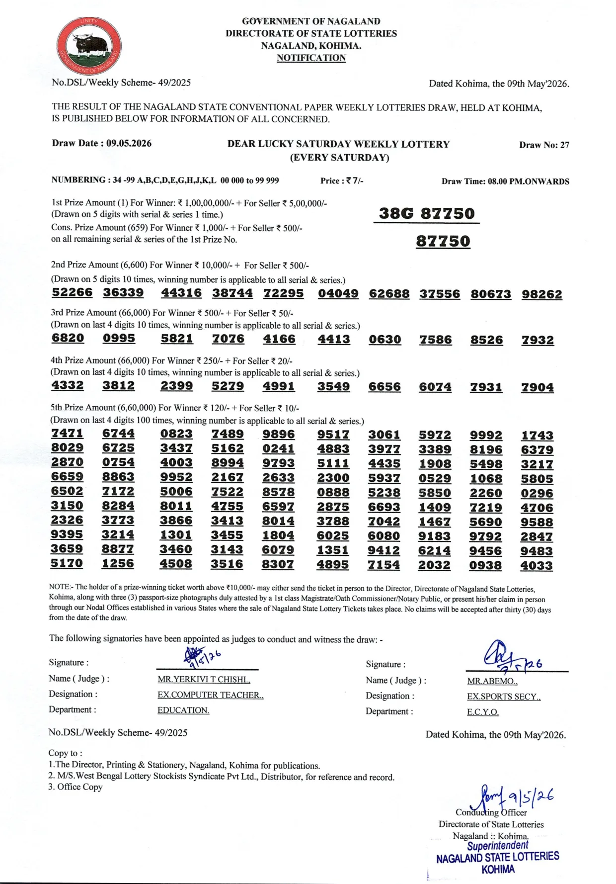 Dear Lottery result sheet 8:00 PM 09-05-2026