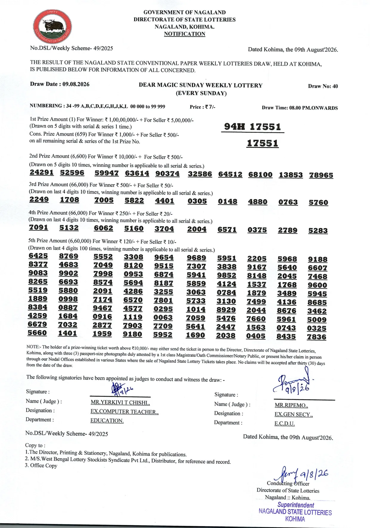 Dear Lottery result sheet 8:00 PM 09-08-2026