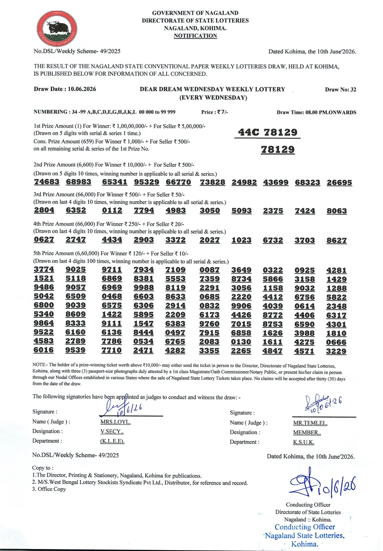 Dear Lottery result sheet 8:00 PM 10-06-2026