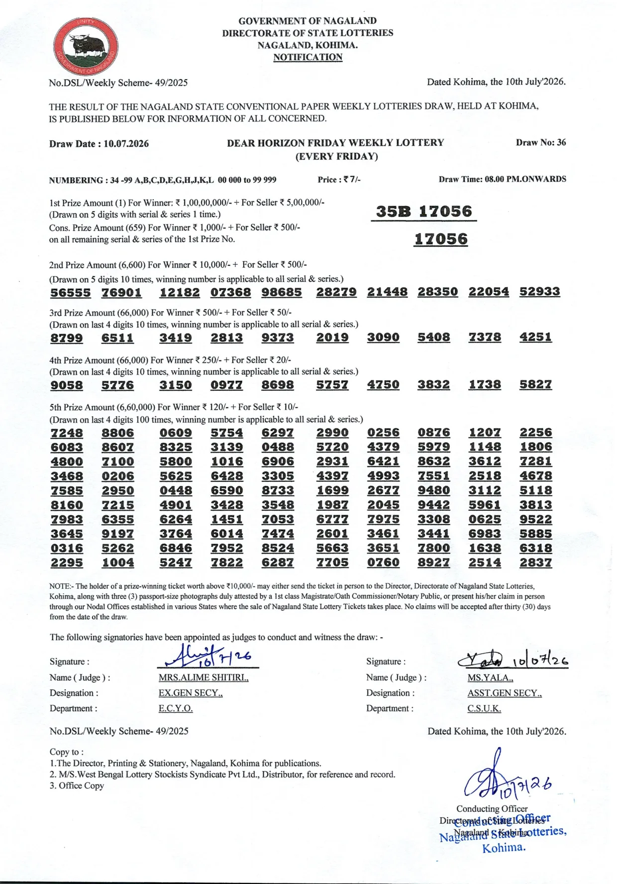 Dear Lottery result sheet 8:00 PM 10-07-2026