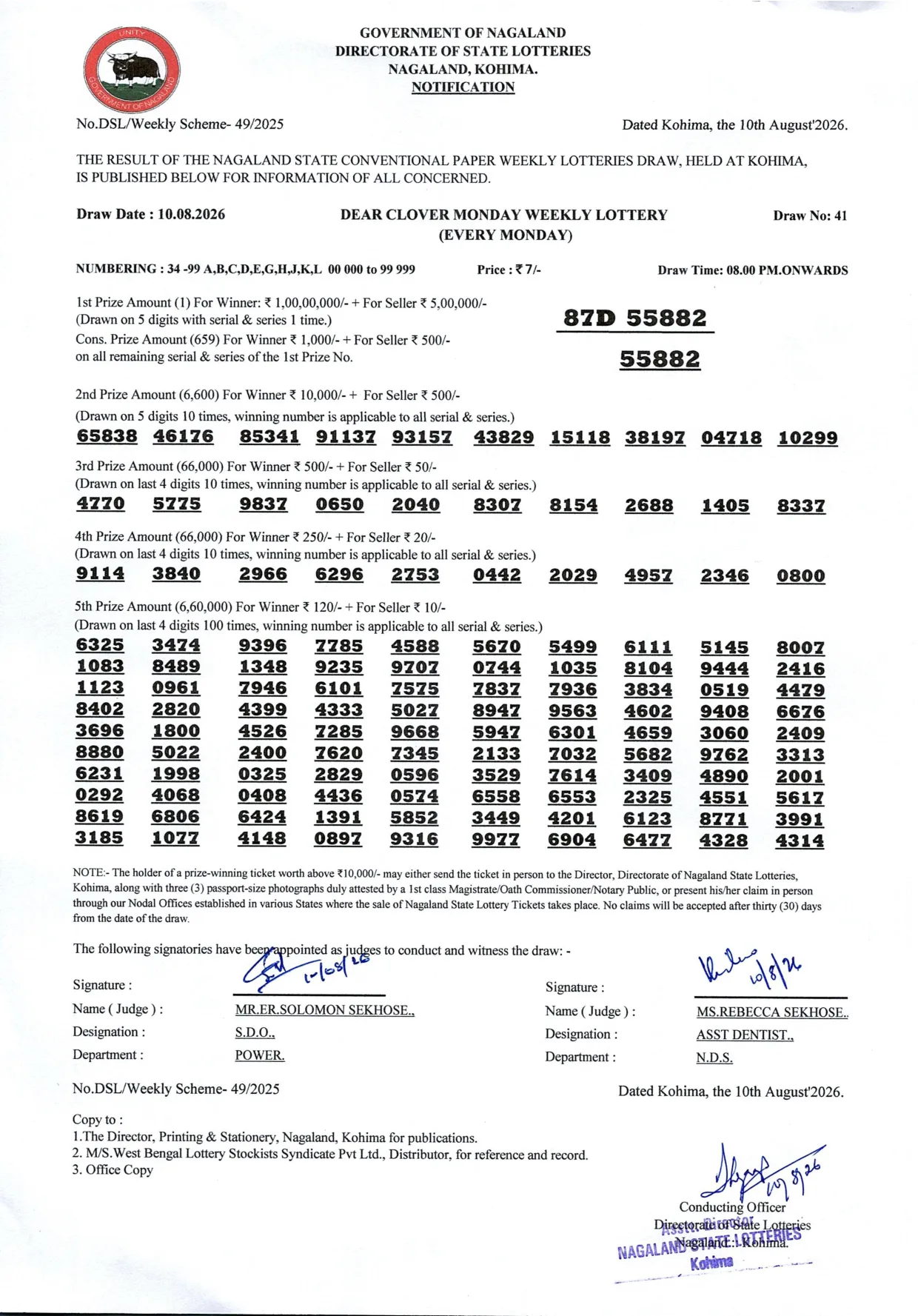 Dear Lottery result sheet 8:00 PM 10-08-2026