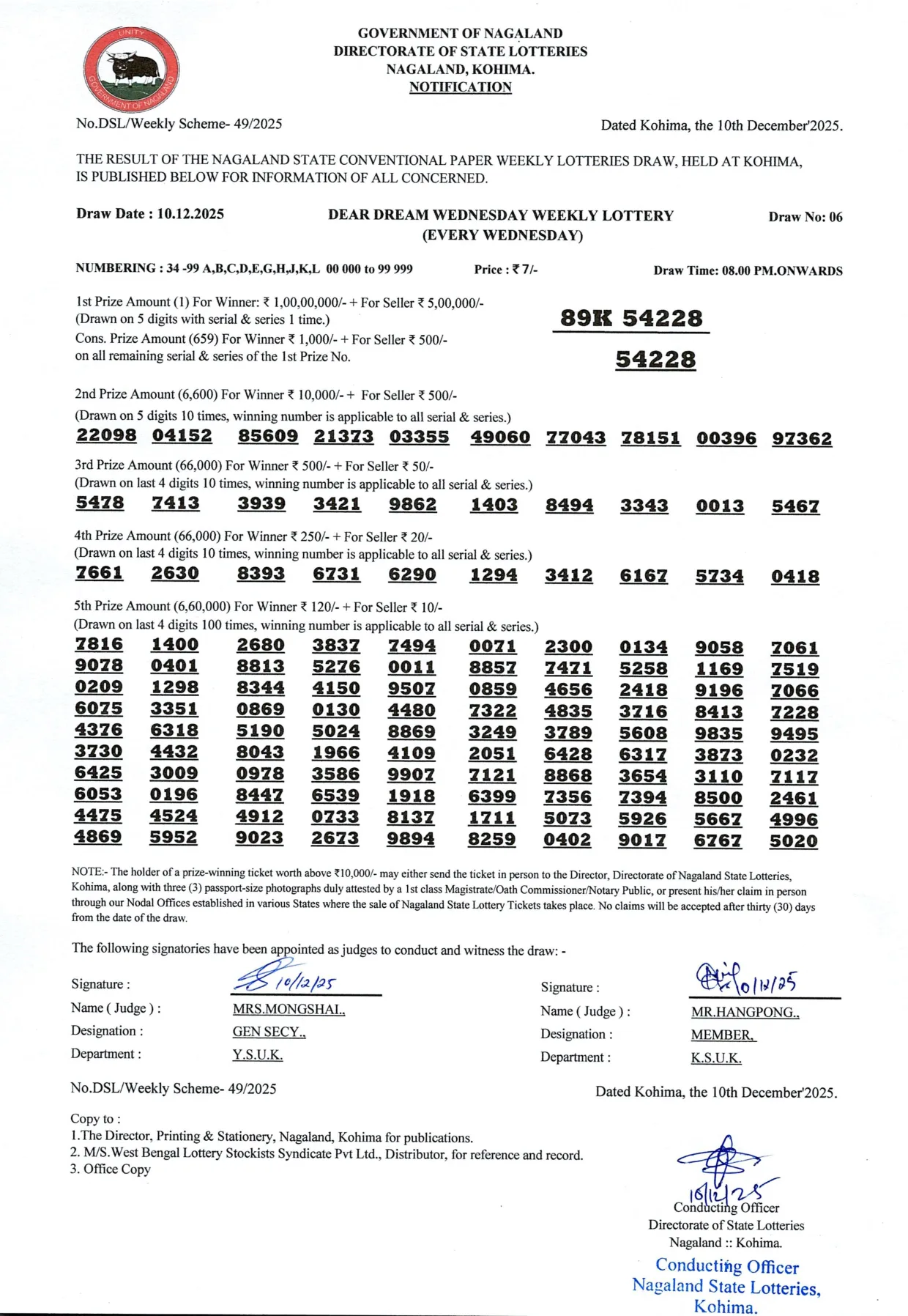 Dear Lottery result sheet 8:00 PM 10-12-2025