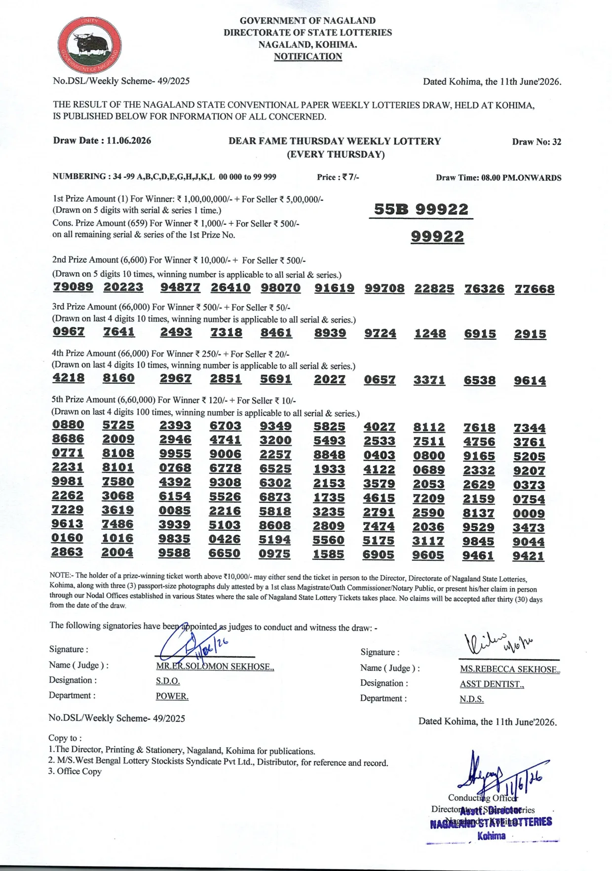 Dear Lottery result sheet 8:00 PM 11-06-2026
