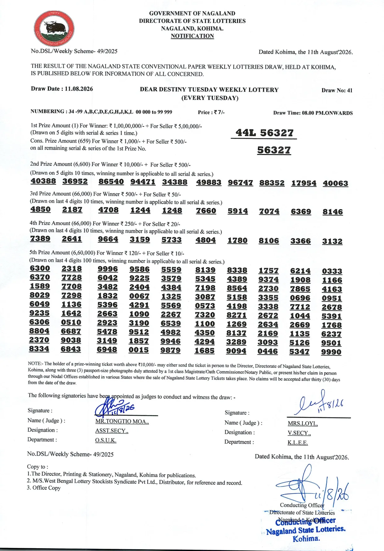 Dear Lottery result sheet 8:00 PM 11-08-2026