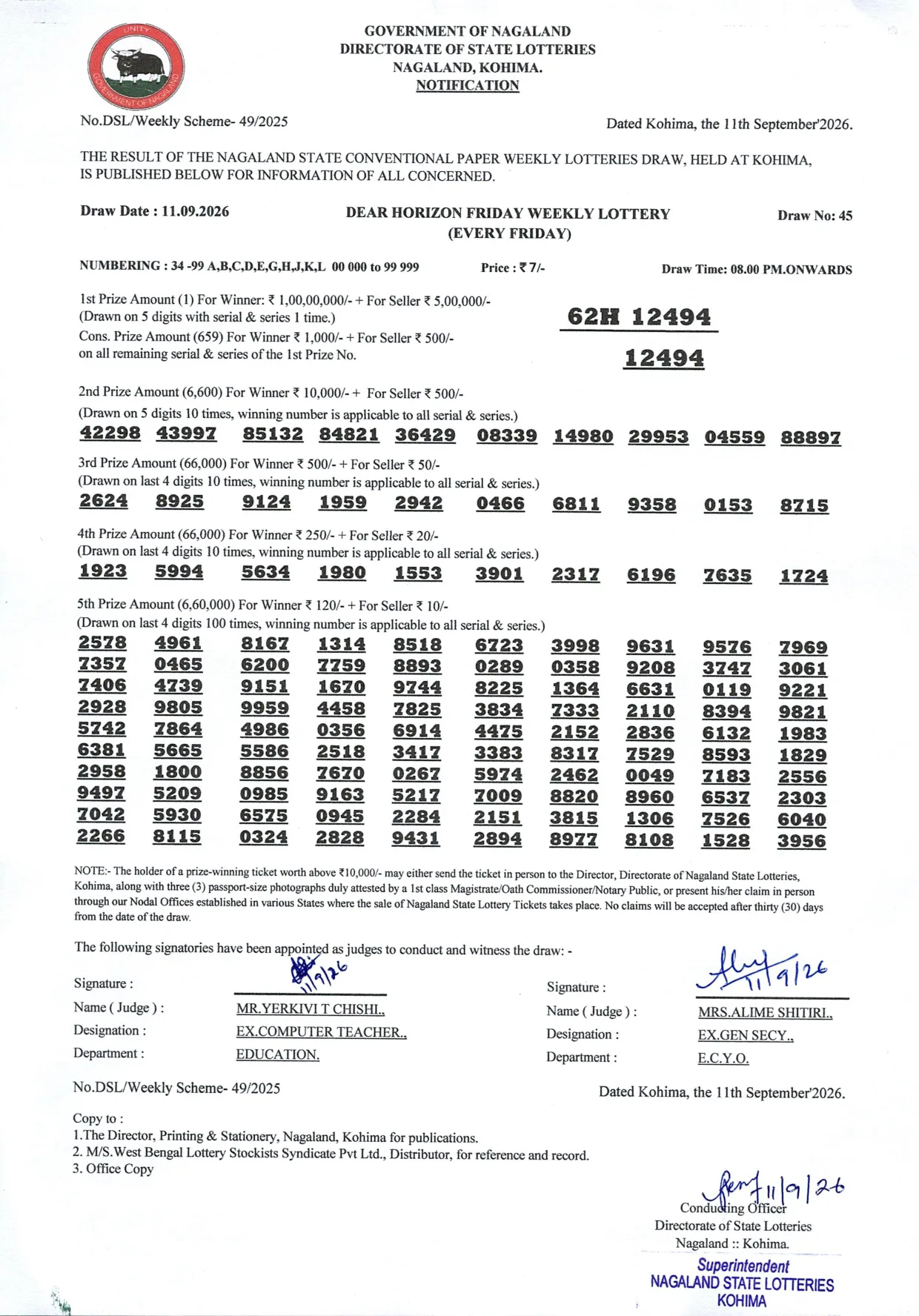 Dear Lottery result sheet 8:00 PM 11-09-2026