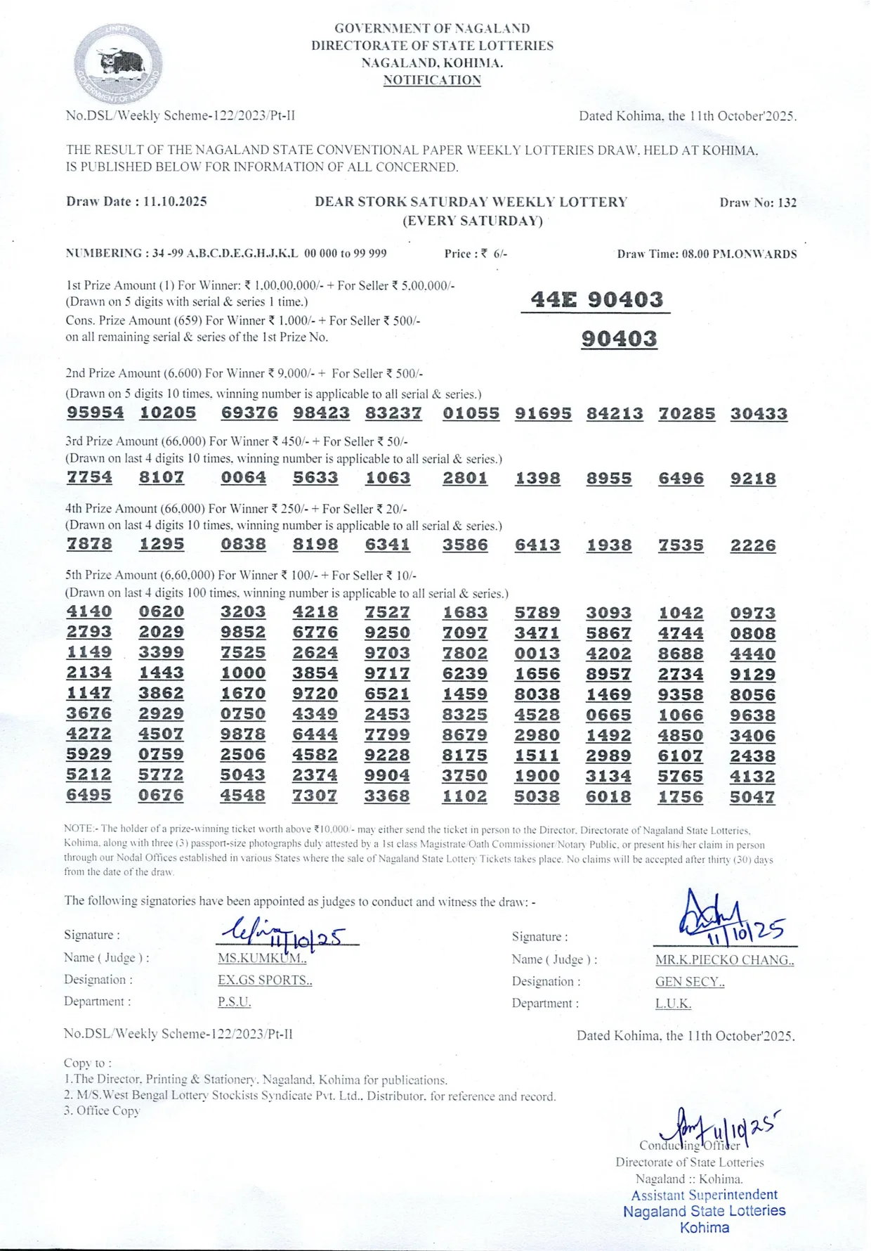Dear Lottery result sheet 8:00 PM 11-10-2025