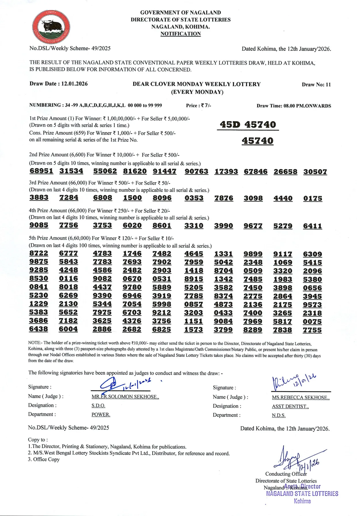 Dear Lottery result sheet 8:00 PM 12-01-2026