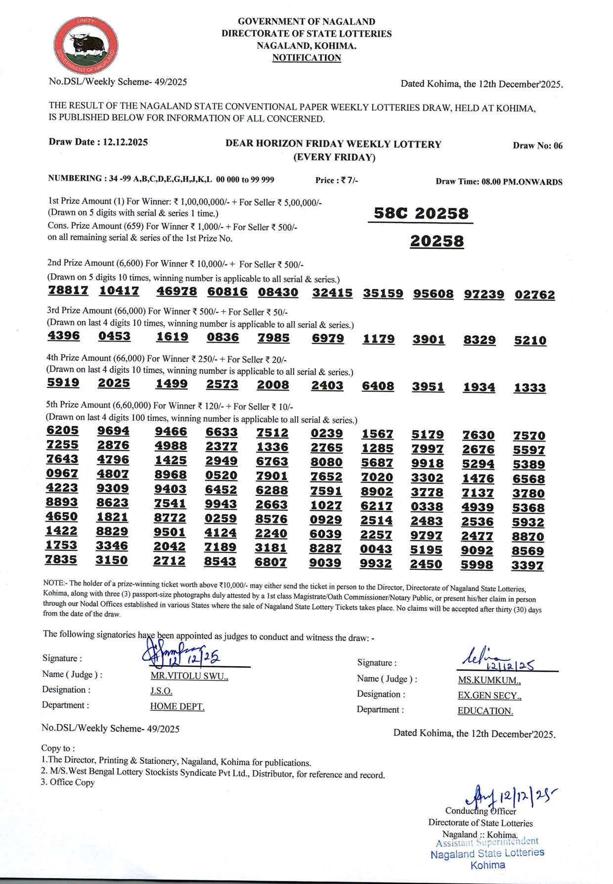 Dear Lottery result sheet 8:00 PM 12-12-2025