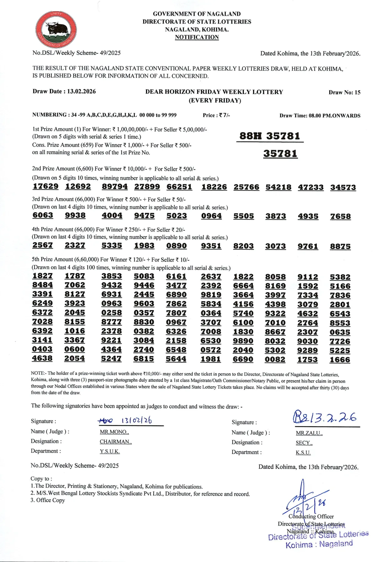 Dear Lottery result sheet 8:00 PM 13-02-2026