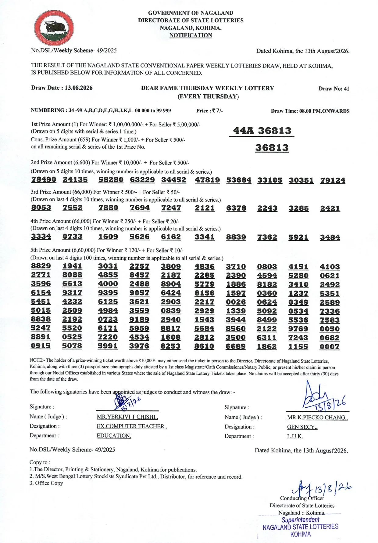 Dear Lottery result sheet 8:00 PM 13-08-2026