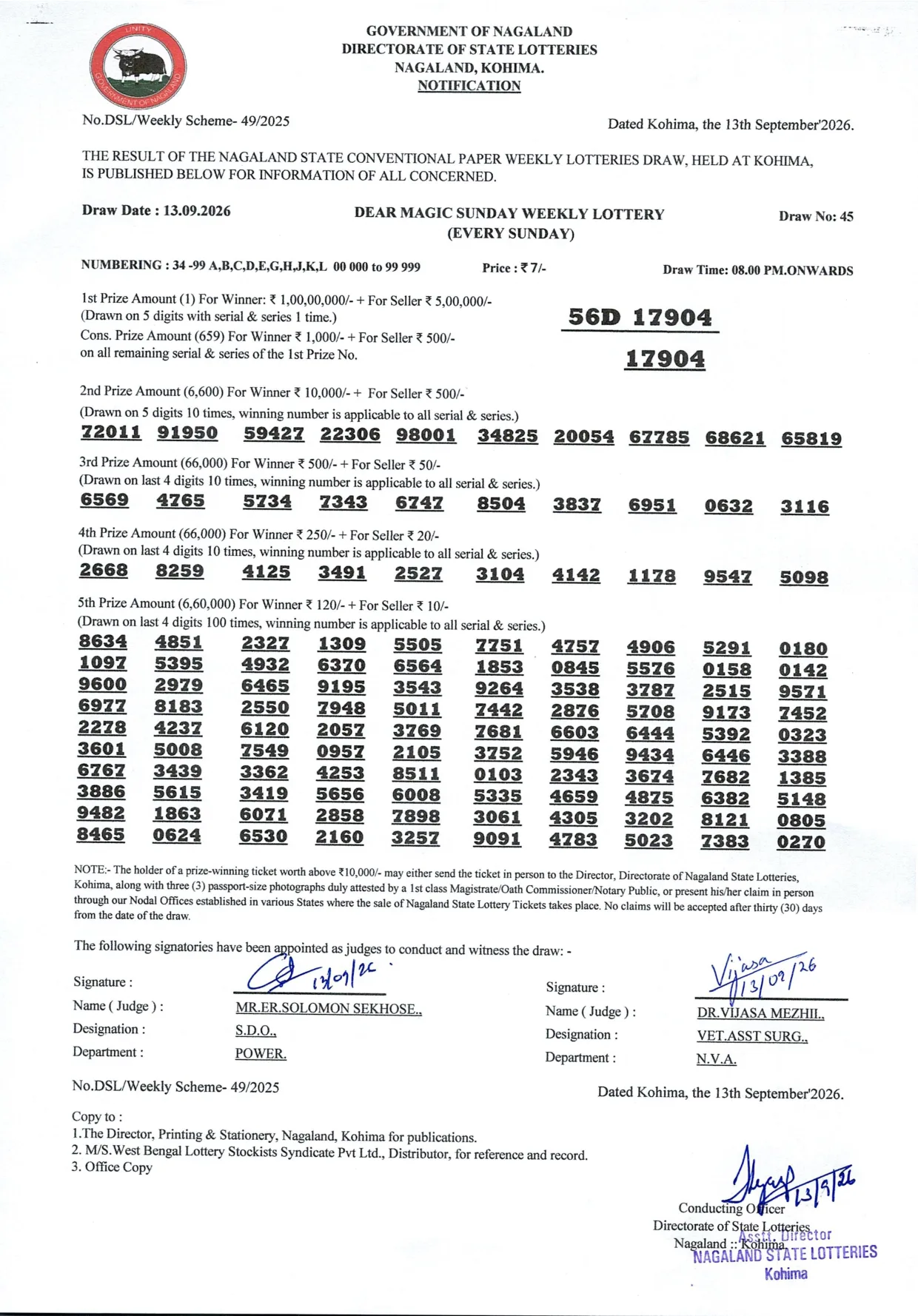 Dear Lottery result sheet 8:00 PM 13-09-2026