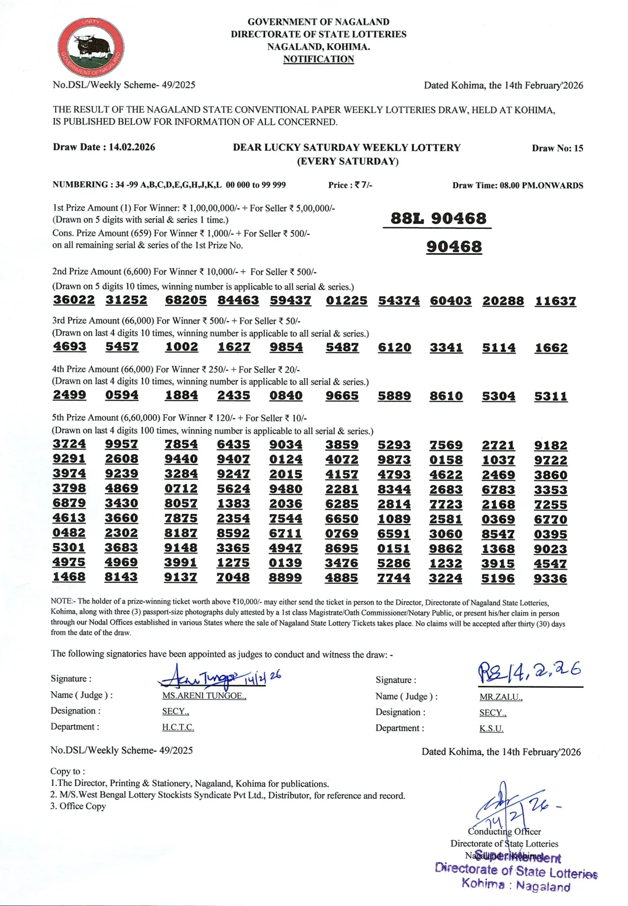 Dear Lottery result sheet 8:00 PM 14-02-2026