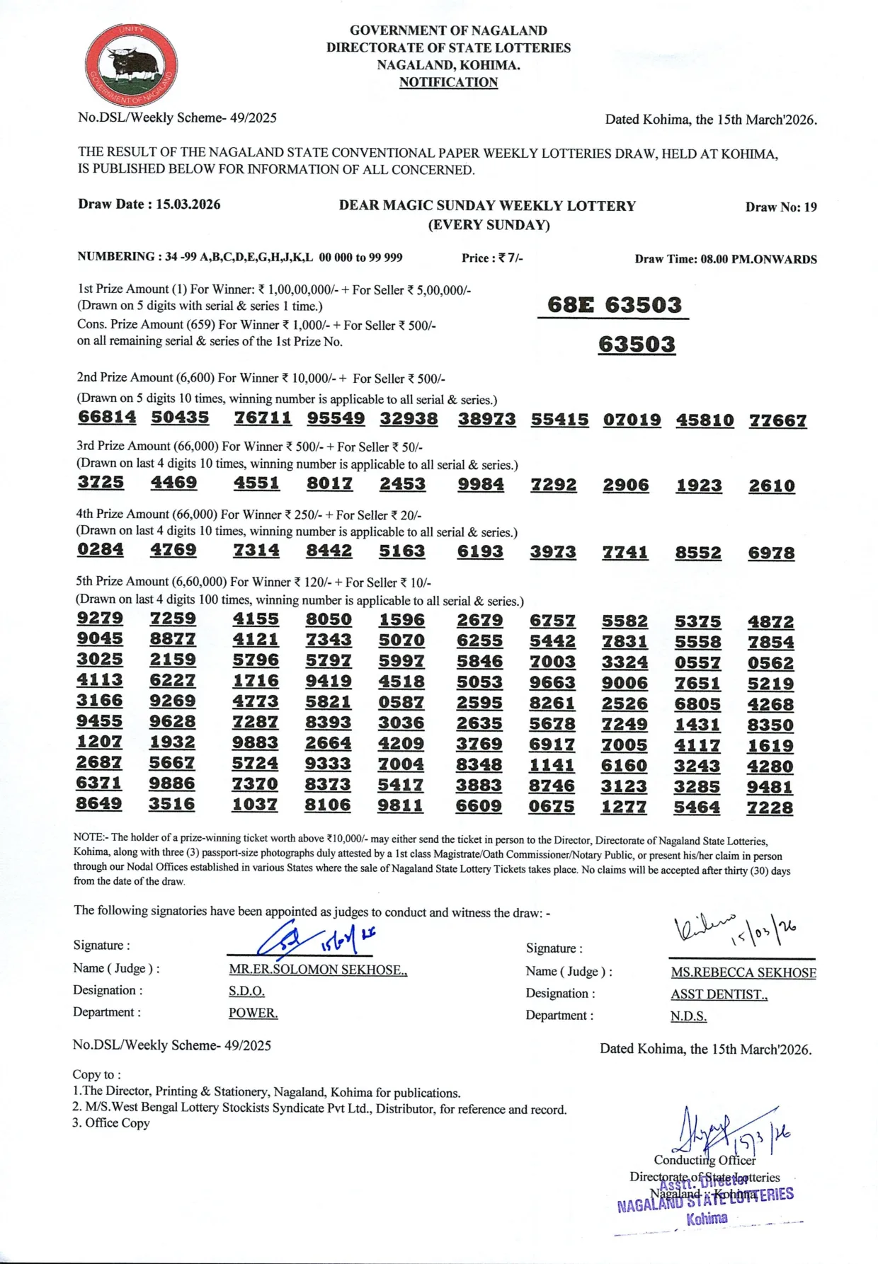 Dear Lottery result sheet 8:00 PM 15-03-2026