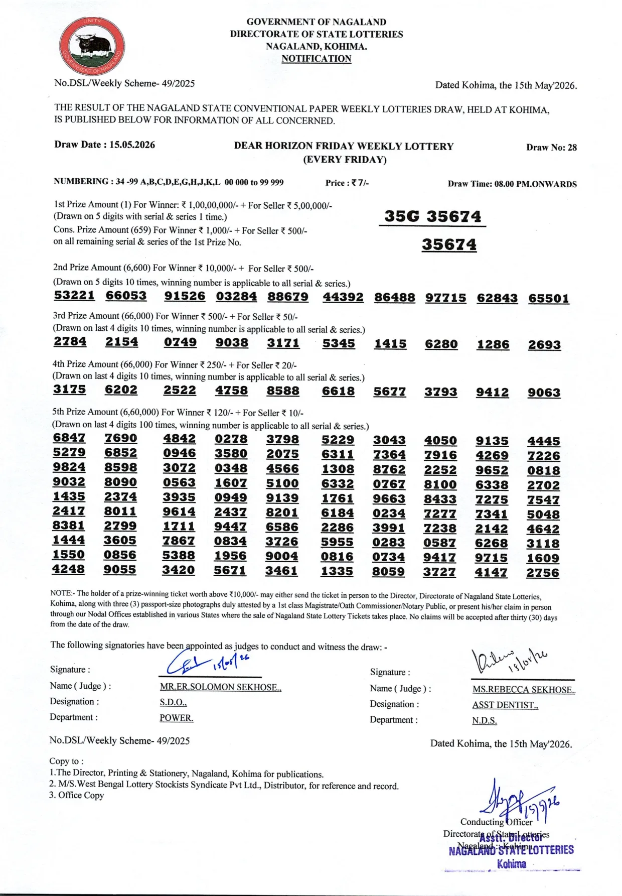 Dear Lottery result sheet 8:00 PM 15-05-2026