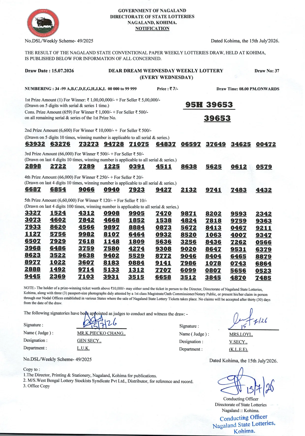 Dear Lottery result sheet 8:00 PM 15-07-2026