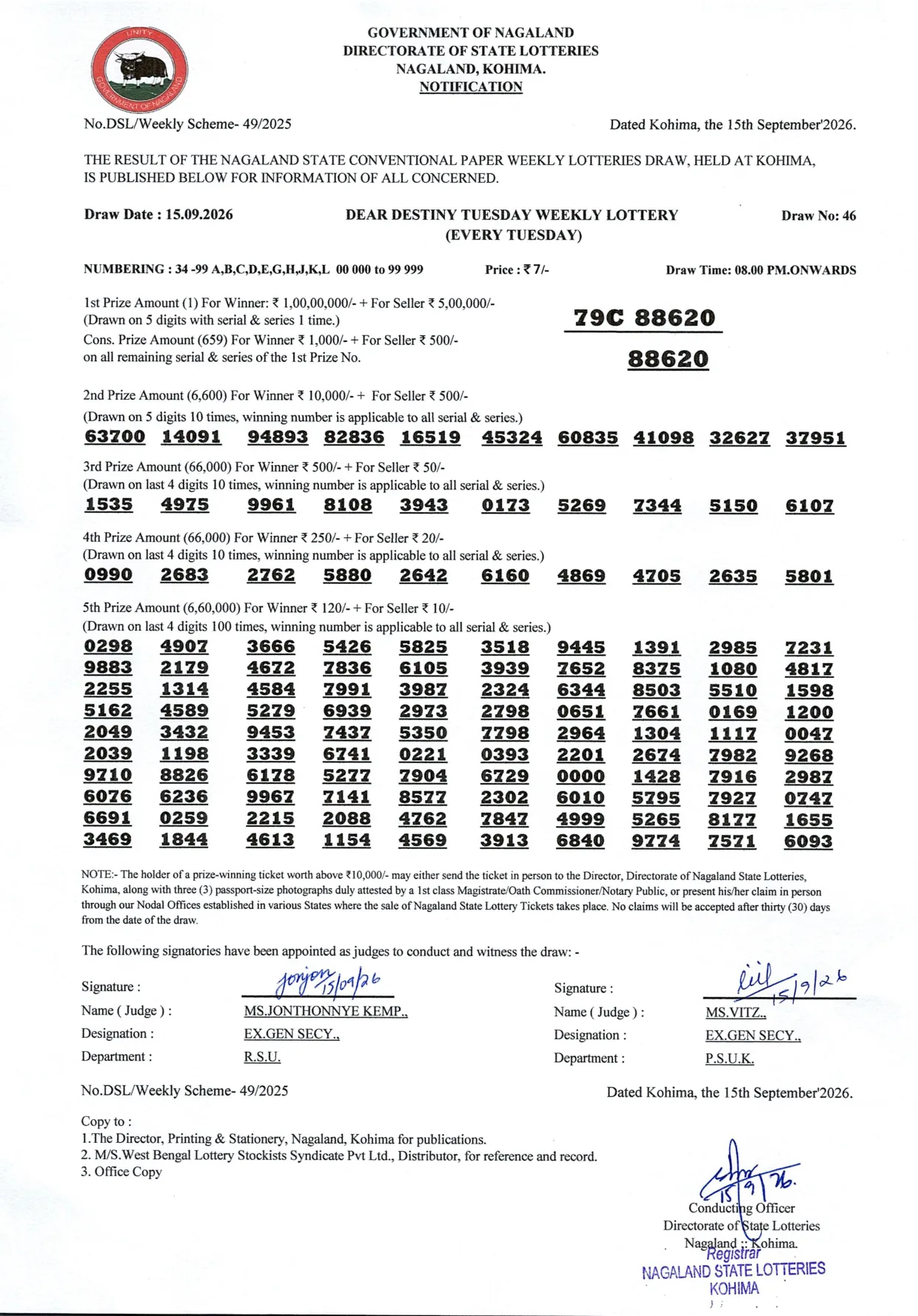 Dear Lottery result sheet 8:00 PM 15-09-2026