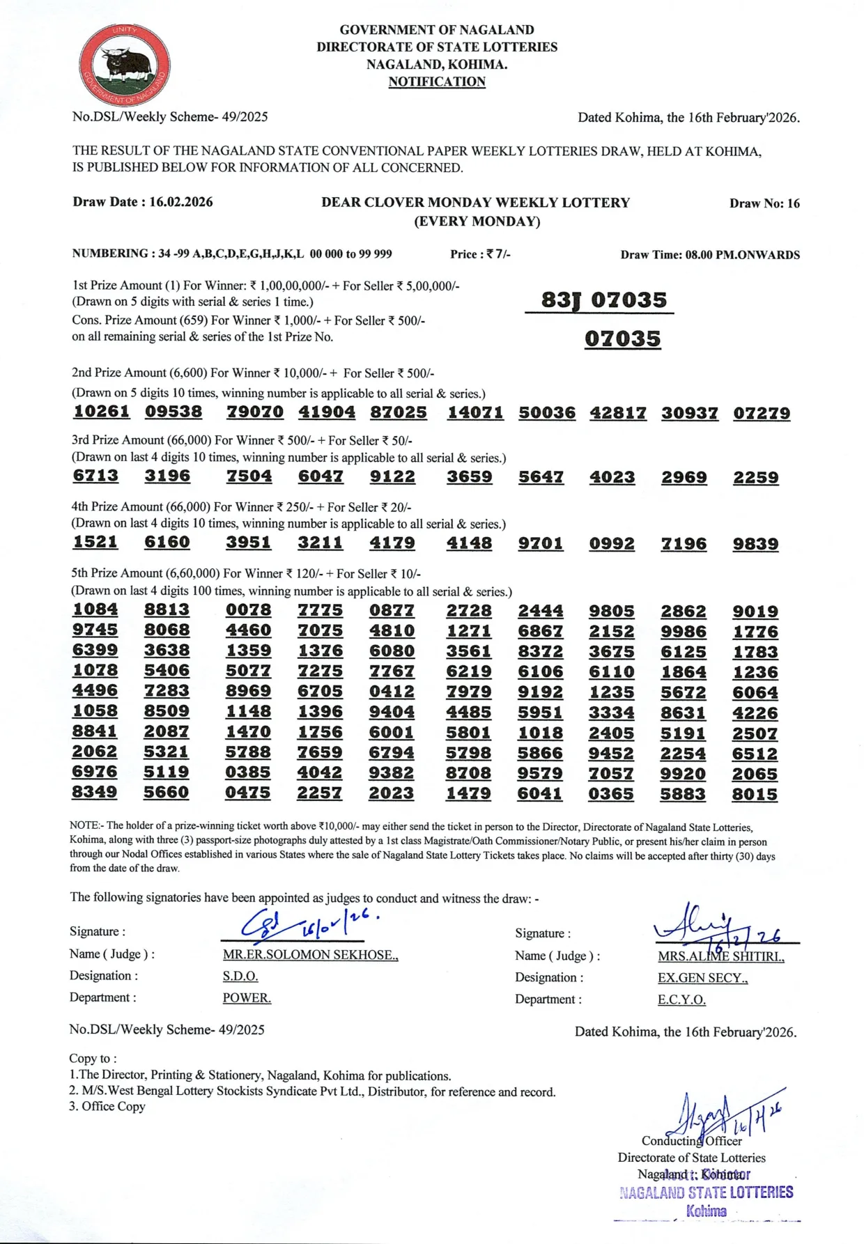 Dear Lottery result sheet 8:00 PM 16-02-2026
