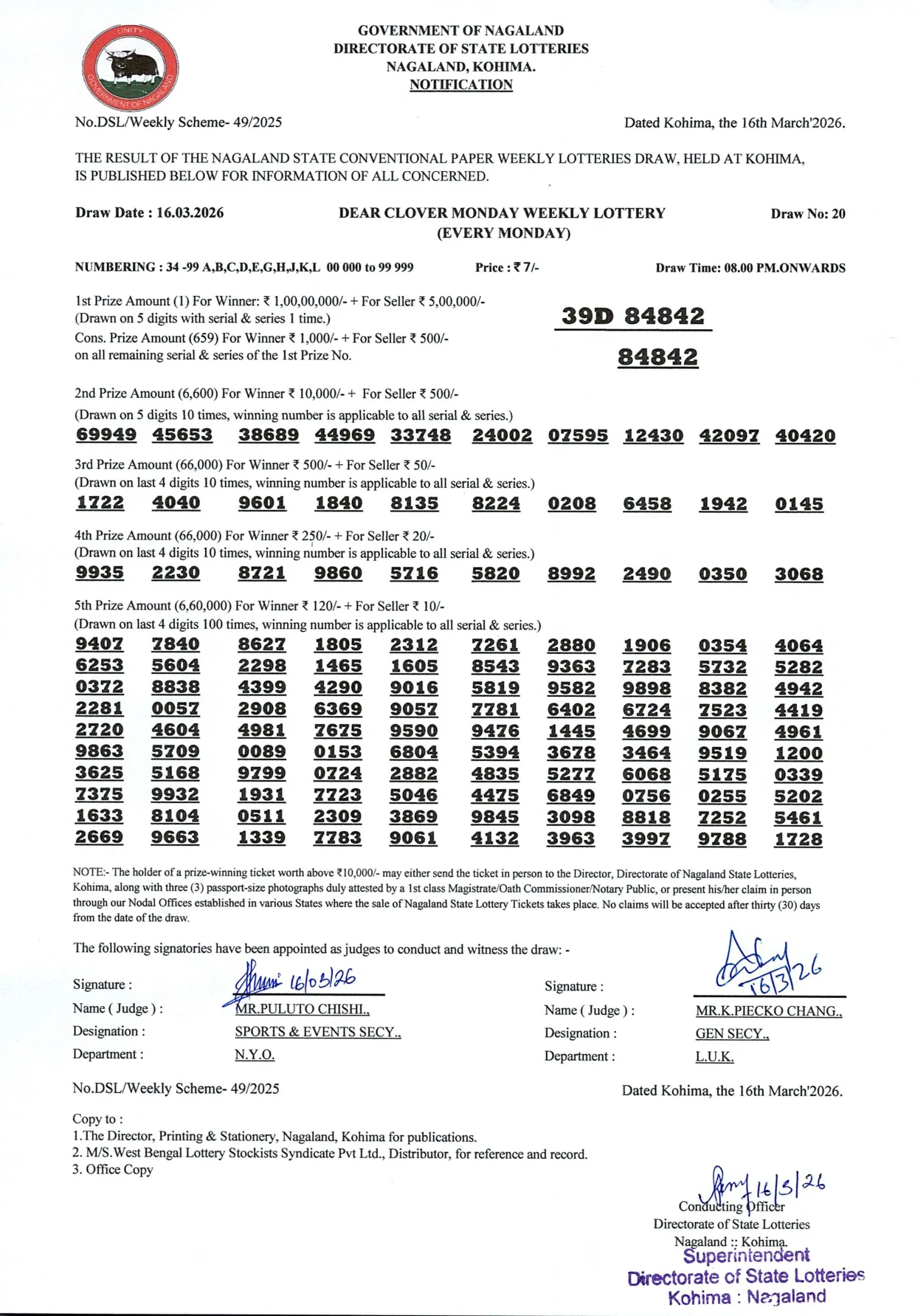 Dear Lottery result sheet 8:00 PM 16-03-2026