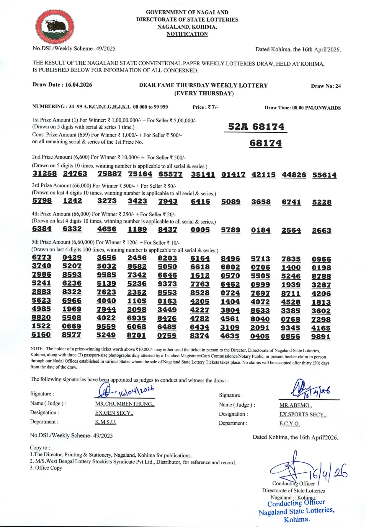 Dear Lottery result sheet 8:00 PM 16-04-2026