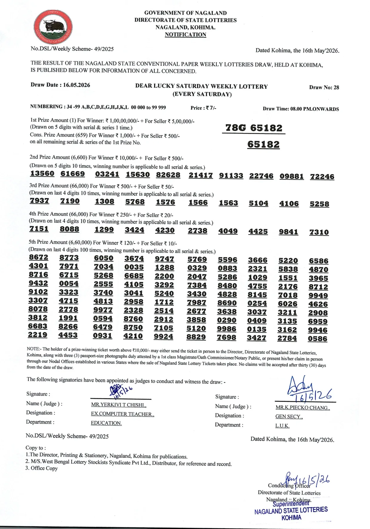 Dear Lottery result sheet 8:00 PM 16-05-2026