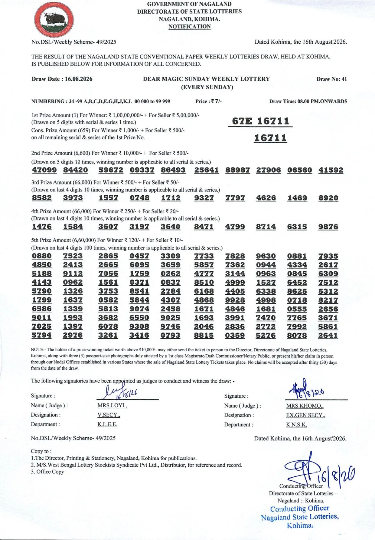 Dear Lottery result sheet 8:00 PM 16-08-2026
