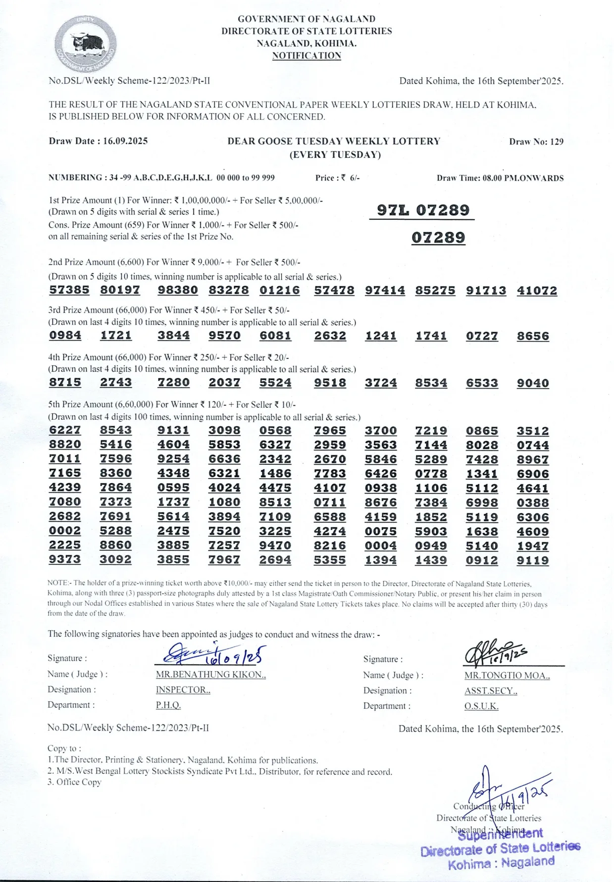 Dear Lottery result sheet 8:00 PM 16-09-2025