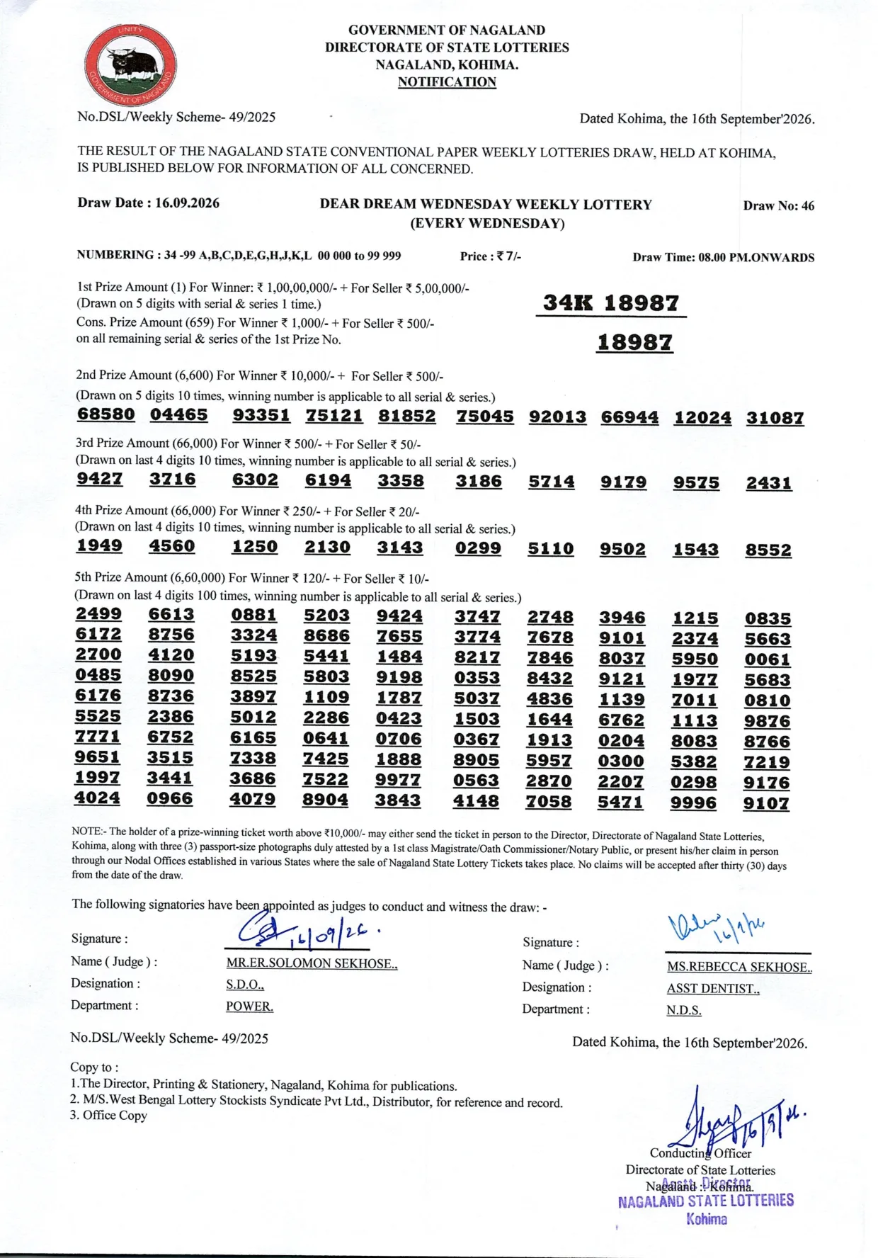 Dear Lottery result sheet 8:00 PM 16-09-2026