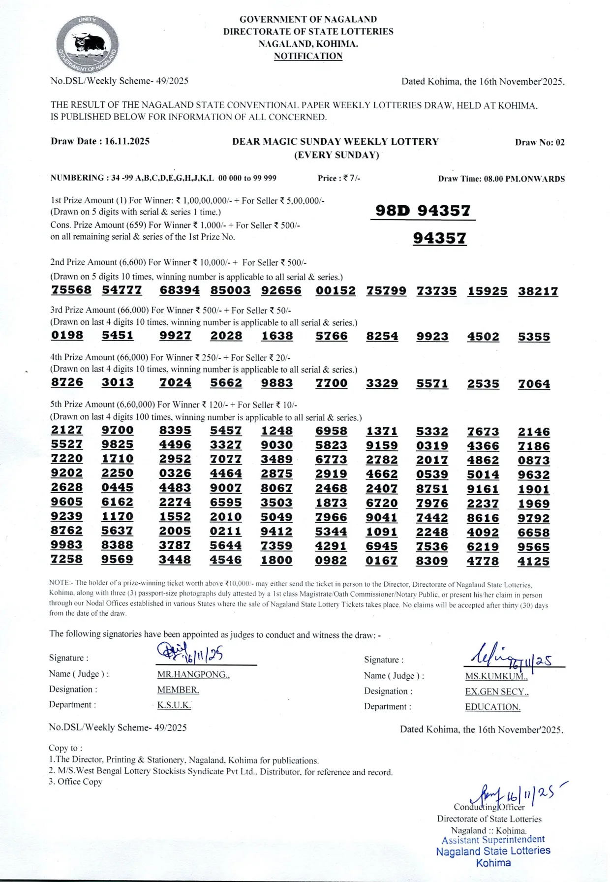 Dear Lottery result sheet 8:00 PM 16-11-2025