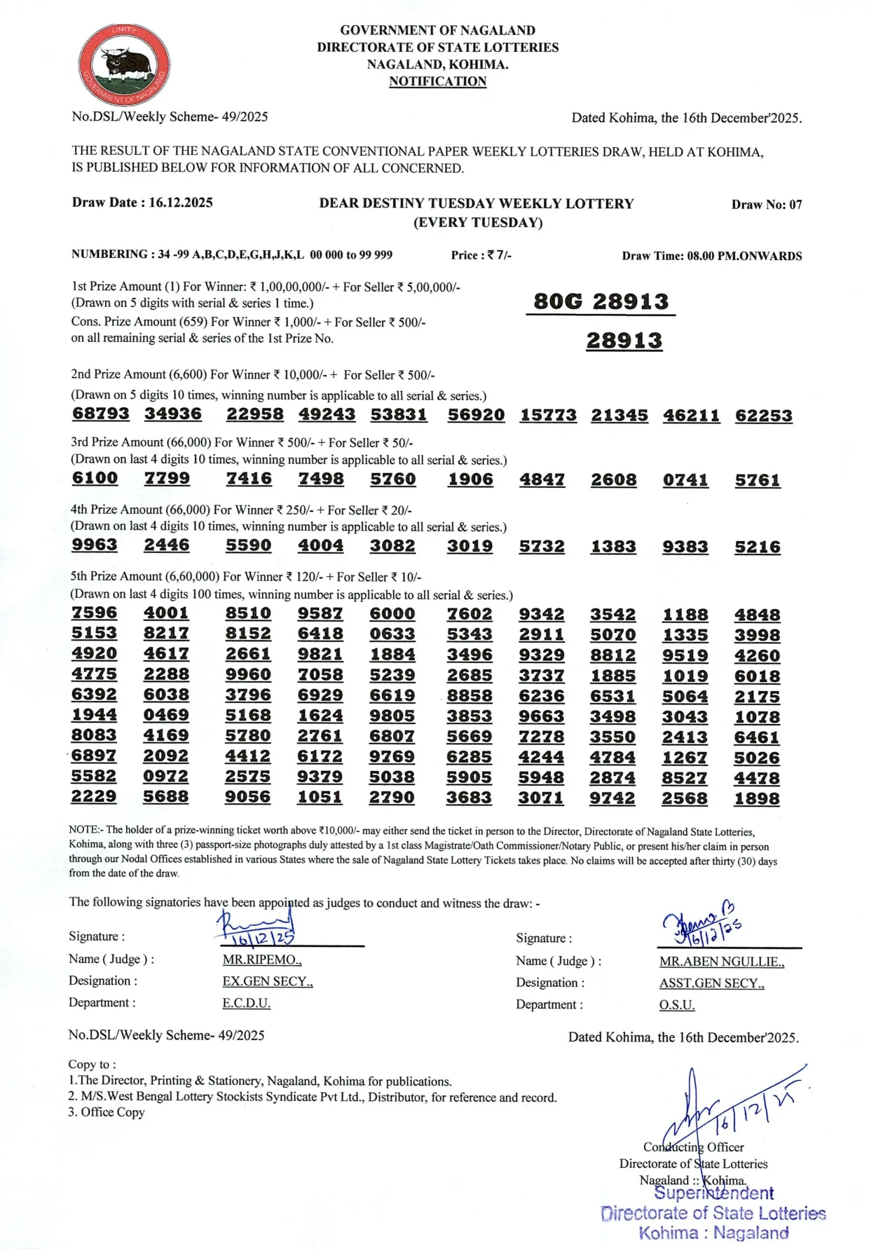 Dear Lottery result sheet 8:00 PM 16-12-2025
